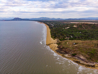 aerial drone panorama of cape pallarenda in townsville, north queensland, australia; remainings of forts in strategic defence location during the war near magnetic island	