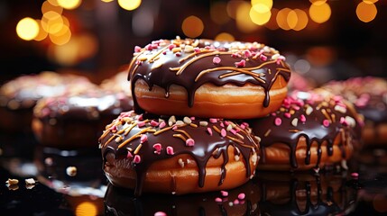 Closeup sweet donuts filled with melted chocolate and sprinkles with a blurred background