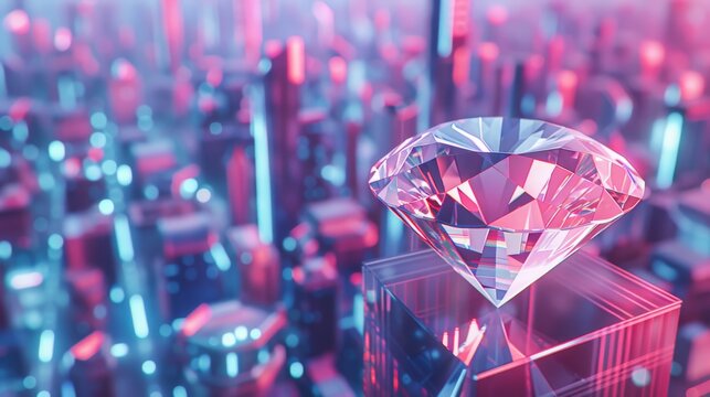 Futuristic diamond over a glowing neon city for a cyberpunk or sci-fi themed design
