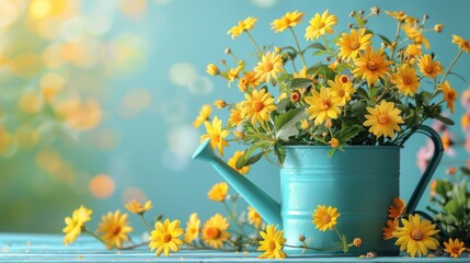 Large flower pot with yellow daisies. Flowers for the garden. Watering can.