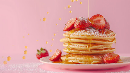 Delicious stack of pancakes with fresh strawberries and honey topping