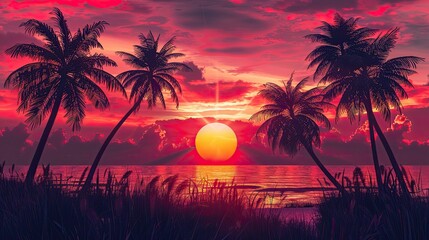 Sunset background with palm trees.