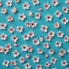 Fototapeta premium A close-up shot of delicate cherry blossom petals scattered on a turquoise blue surface, capturing the intricate details and vibrant colors.