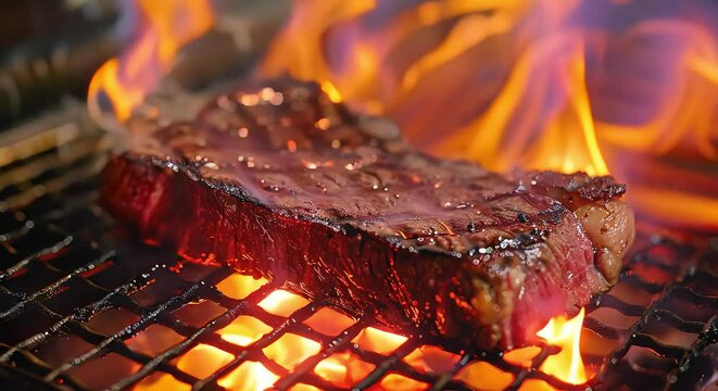 A1 wagyu steak grilling on fire (mov) made with Ai generative technology