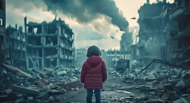 A lonely child amidst ruins, a symbol of vulnerability and devastation made with Ai generative technology