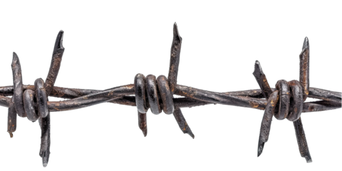 Rusty barbed wire is preventing access to a secure area. The sharp edges of the wire are designed to deter people from crossing