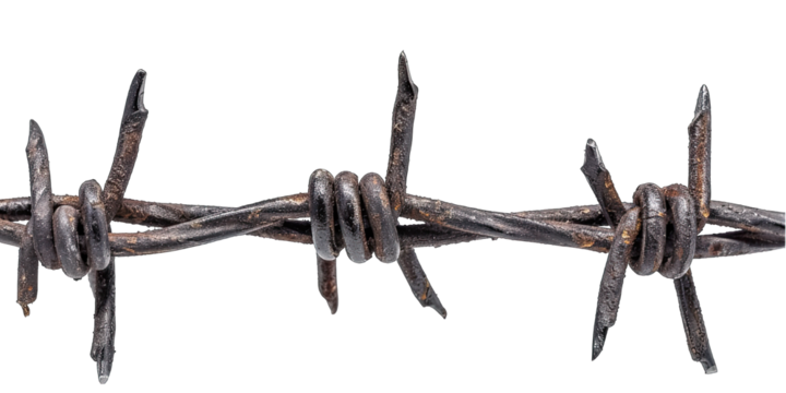 Rusty barbed wire is preventing access to a secure area. The sharp edges of the wire are designed to deter people from crossing