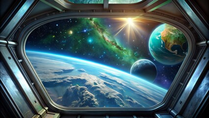 Cosmic vastness fills the frame as a space station window gazes out onto a stunning blue-green planet, stars and galaxies twinkling in the darkness.