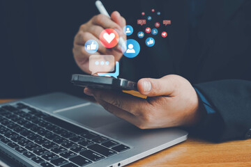 Social media and digital online concept, man using smart phone. The concept of living on vacation and playing social media. Social Distancing ,Working From Home concept. Social media concept.