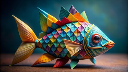 A detailed, colorful step-by-step guide on how to create an intricate origami fish, with precisely creased paper sheets and annotated arrows.