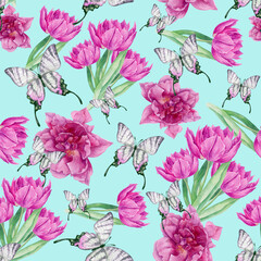 Pink tulips and butterflies on a turquoise background. Pattern with spring flowers and insects, petals and buds. Watercolor illustration.