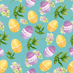 Easter elements on a turquoise background. Pattern with flowers, leaves and Easter yellow and purple eggs. Watercolor illustration