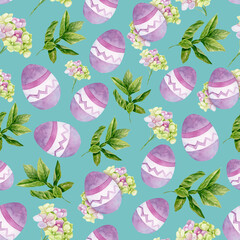 Easter elements on a turquoise background. Pattern with flowers, leaves and Easter purple eggs. Watercolor illustration.