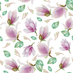 Pink magnolias on a white background. Pattern with spring flowers, branches and green leaves. Watercolor illustration. 