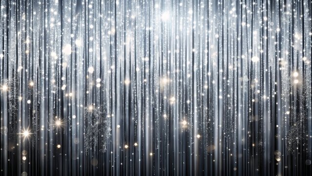 Luxurious silver curtain backdrop with glittering rain-like effects, perfect for new year or christmas celebrations, with ample copy space for festive messages or designs.