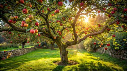 Naklejka premium Ancient tranquil garden scene featuring a lush apple tree with ripe fruit, serpentine shadows, and subtle hints of temptation, eerily devoid of humanity.