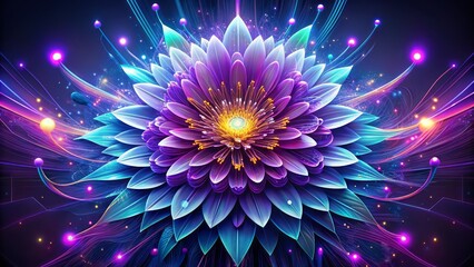 Vibrant futuristic floral motif, a technologically-advanced bloom, radiates on a rich purple background, embodying the fusion of nature and artificial intelligence.