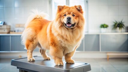Adorable chubby chow chow dog standing on veterinary clinic scales, highlighting the concerning issue of pet obesity and animal health awareness.