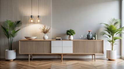 Sleek sideboard adorned with decorative objects stands alone in a minimalist room with a blank wall, epitomizing modern interior design simplicity.