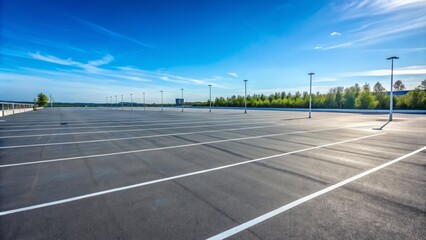 Fototapeta premium Vast, empty asphalt expanse of a parking lot, lined with white markings, under a cloudless blue sky, devoid of any human presence or activity.