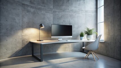 Sleek curved monitor sits on a modern white desk in a minimalist concrete interior, surrounded by blank walls and subtle ambient lighting, exuding futuristic tone.
