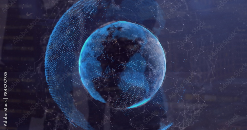 Poster image of interface with data processing over a globe against blue background