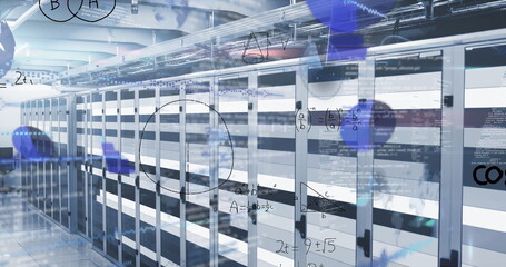 Image of mathematical equations and data processing against light trail over server room