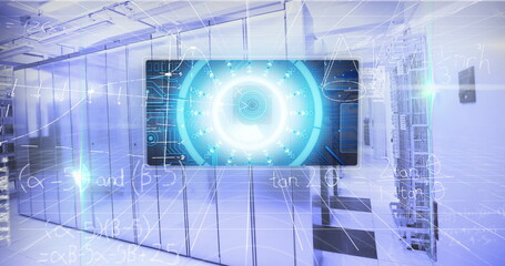 Image of screens with data processing and mathematical equations against computer server room