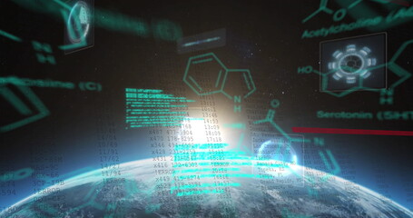Image of chemical structures and data processing against globe and light spot