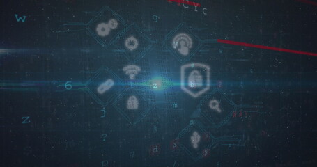 Image of digital icons and cyber security data processing against blue light spot