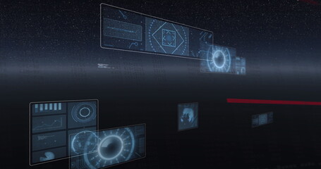 Fototapeta premium Image of screens with round scanner and data processing against space