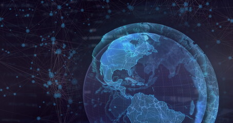 Image of network of connections floating over a globe against blue background