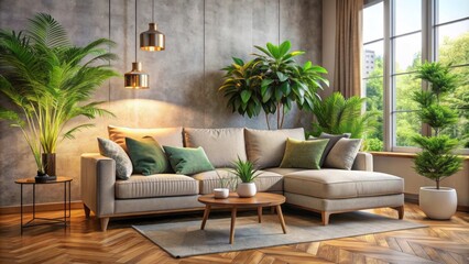 Fototapeta premium Cozy living room with plush couch, soft cushions, and modern decor, featuring a lush green potted plant in a corner, exuding warmth and serenity.
