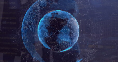 Image of interface with data processing over a globe against blue background