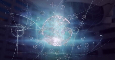 Image of icons around globe and connected dots over buildings in background