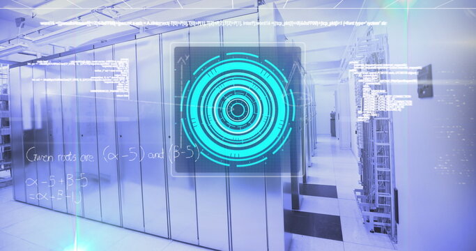 Image of screens with data processing and mathematical equations against computer server room