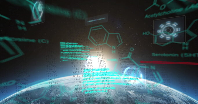 Image of chemical structures and data processing against globe and light spot