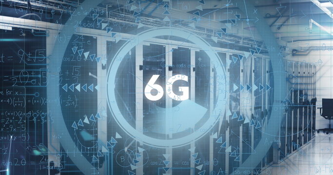 Image of 6g text over round scanner and mathematical equations against computer server room