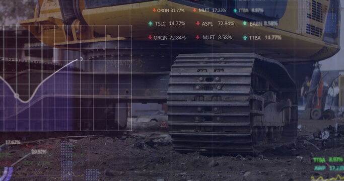 Image of stock market data processing over hydraulic vehicle operating at junkyard - Powered by Adobe