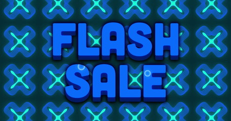Image of flash sale text over multicolored waves pattern against x symbols in background