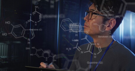 Image of chemical structures and data processing over asian male engineer working at server room