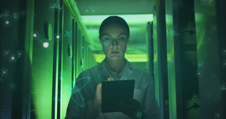 Image of molecular structures over caucasian female engineer using digital tablet at server room