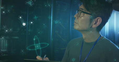 Image of molecule structures, asian man checking data server using digital tablet in server room