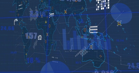 Image of statistics and financial data processing over world map
