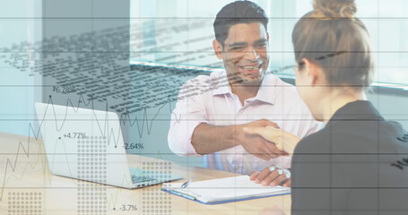 Image of financial data processing over diverse business people shaking hands at office