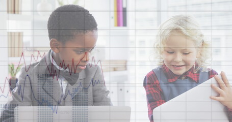 Image of financial data processing over diverse children using laptops at office