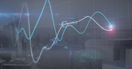 Image of financial data processing over cityscape