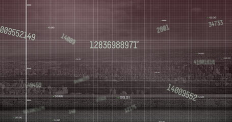 Image of financial data processing over cityscape