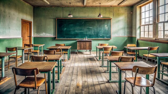 a vacant classroom with a worn, green chalkboard, empty chairs, and scattered textbooks, exuding a sense of nostalgia and abandoned learning 
