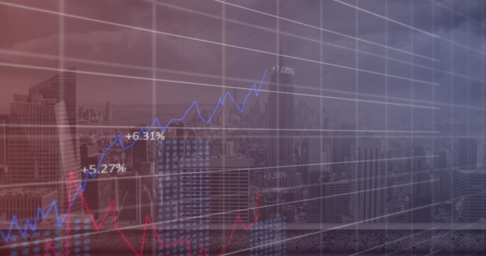 Image of financial data processing over cityscape